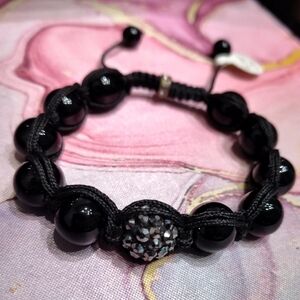 Silver And Black Onyx Crystal Beaded Bracelet